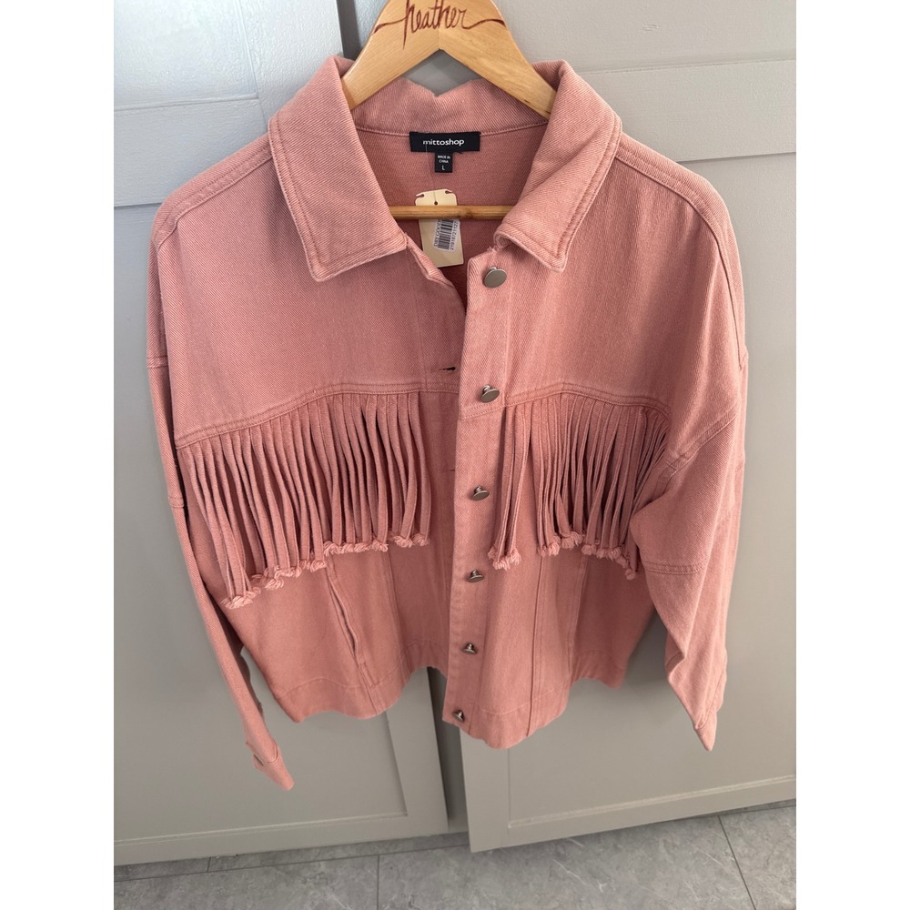 Mittoshop Womens Pink Fringe Denim Jacket Western‎ Boho Festival Button Up Large